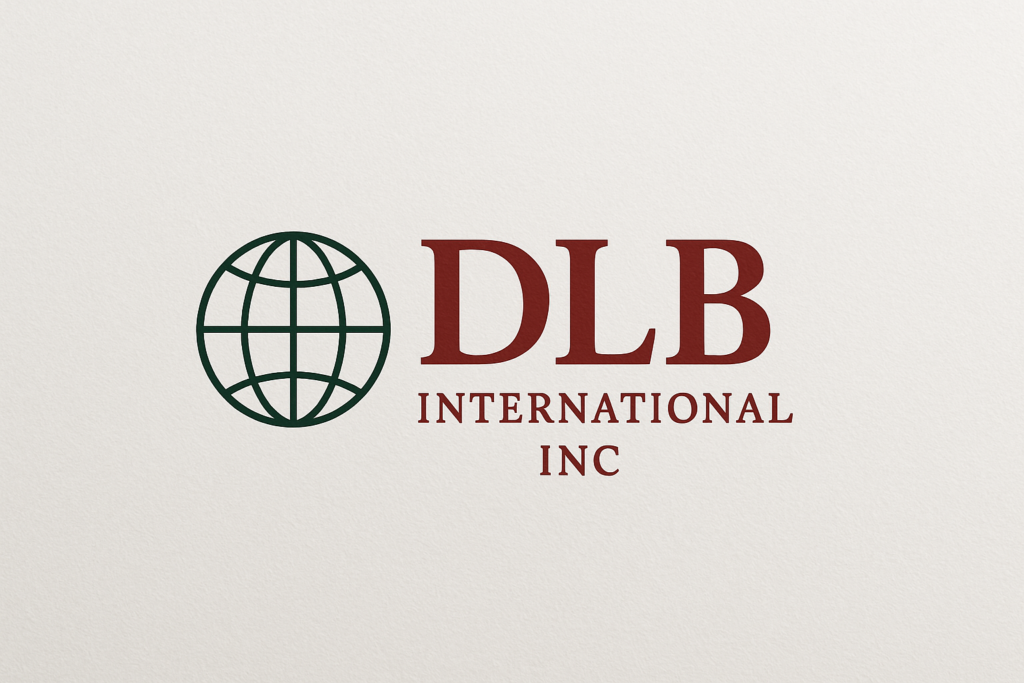 Create feature image Create a feature image using this text: DLB International Inc Make sure it looks professional. You can add an image to make it more classy. Make it light green red white background.